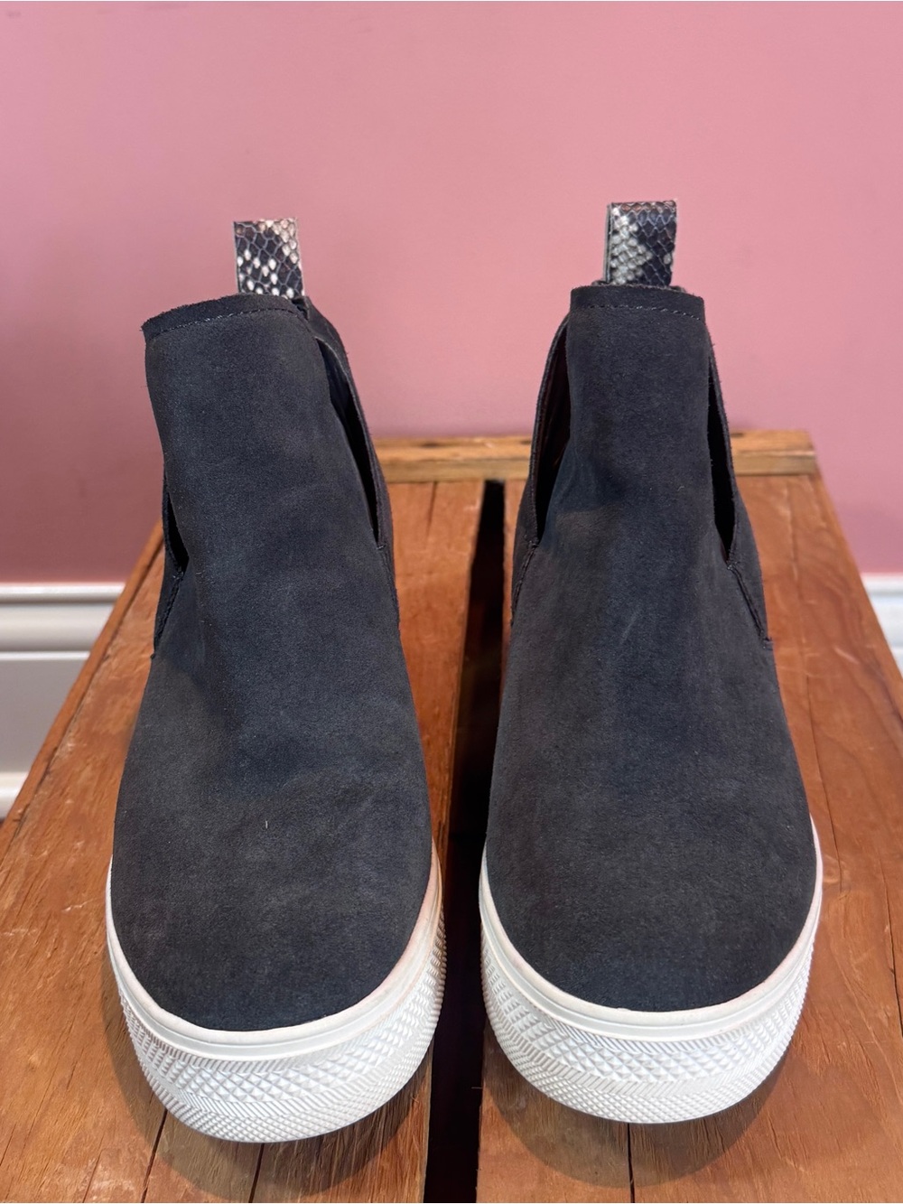 Dolce Vita Black Suede Slip-On Ankle Booties with Snake-Print Heel Tab